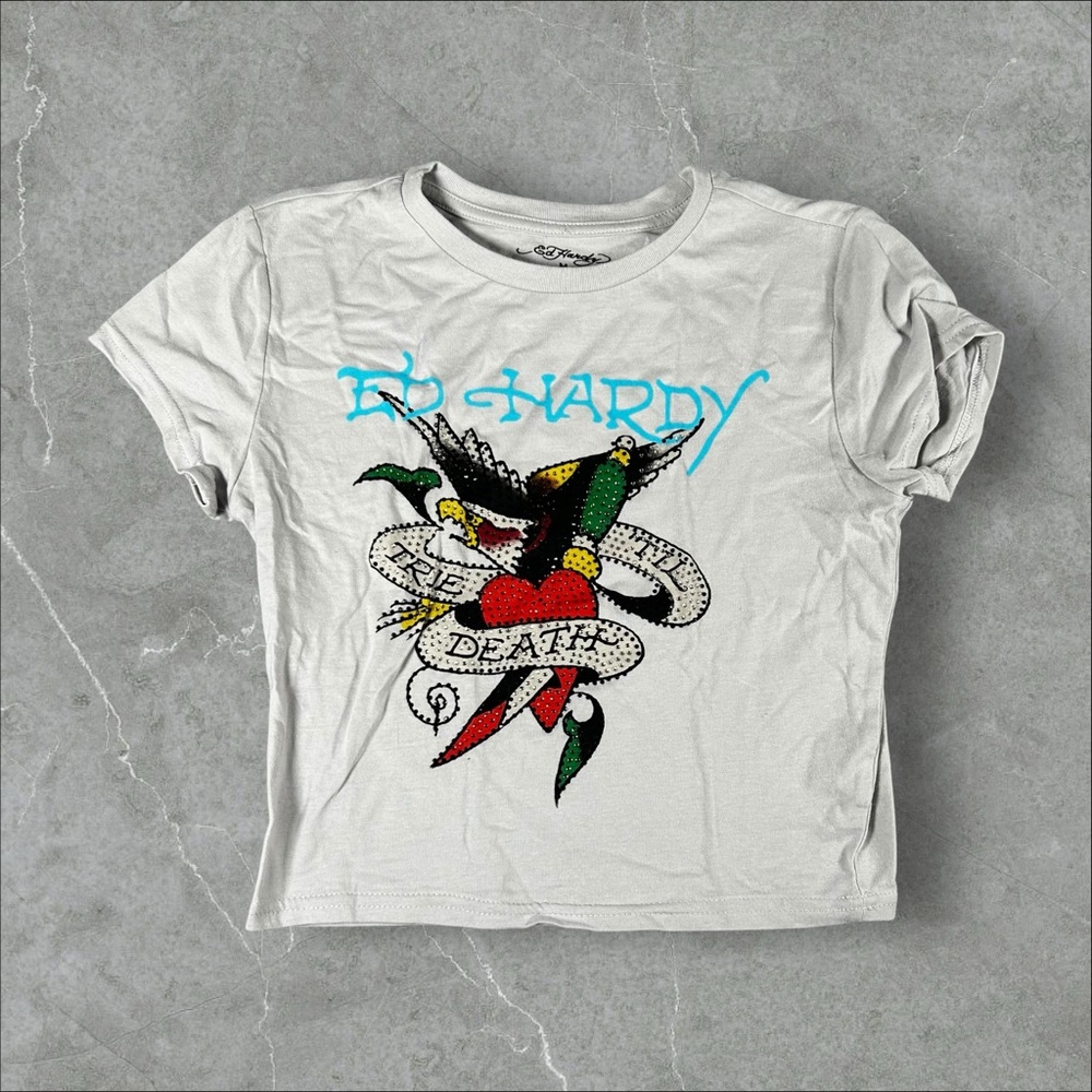 Ed Hardy Shirt Womens Medium Grey Y2K Cropped Baby Tee Bedazzle VTG‎ Y2K Tattoo